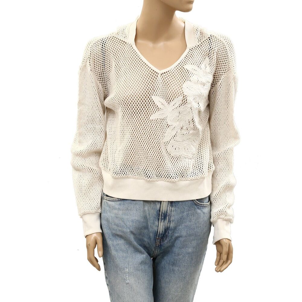 Daily Practice by Anthropologie Embroidered Mesh Hoodie Crochet Fishnet S 287144 - Picture 5 of 9